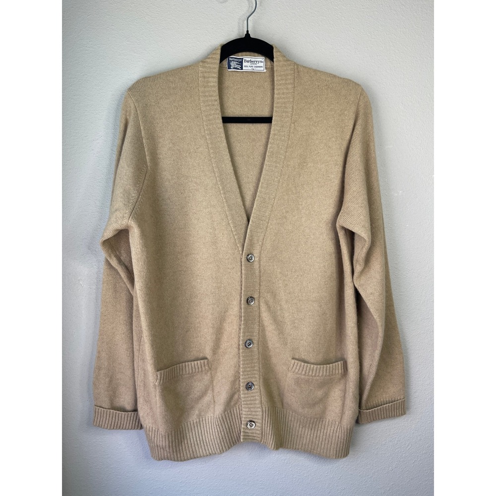 Burberrys Cardigan Tan 100% Pure Cashmere Vintage V-Neck Button Front Mens Large